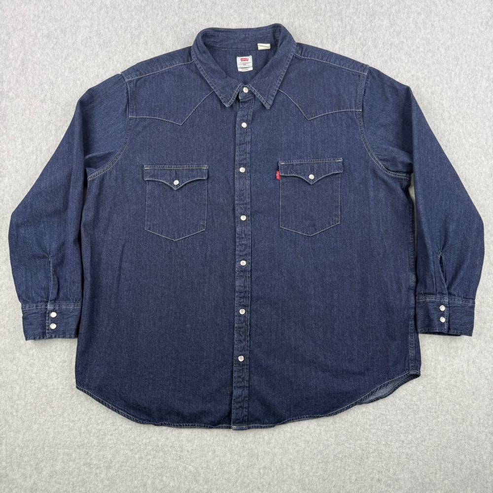 Levis Shirt Mens 2XL Dark Wash Blue Denim Pearl Snap Long Sleeve Western Cowboy‎